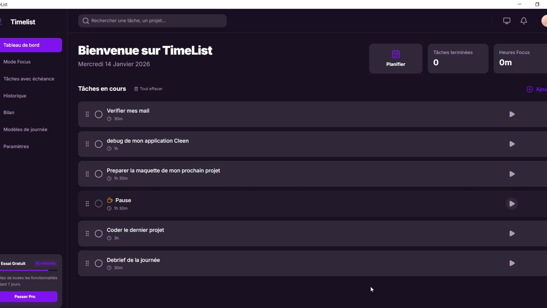 Accueil de TimeList avec une tâche active et le minuteur